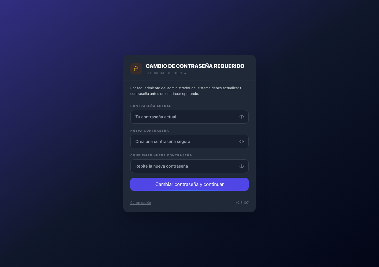 Pantalla de cambio de contraseña obligatorio