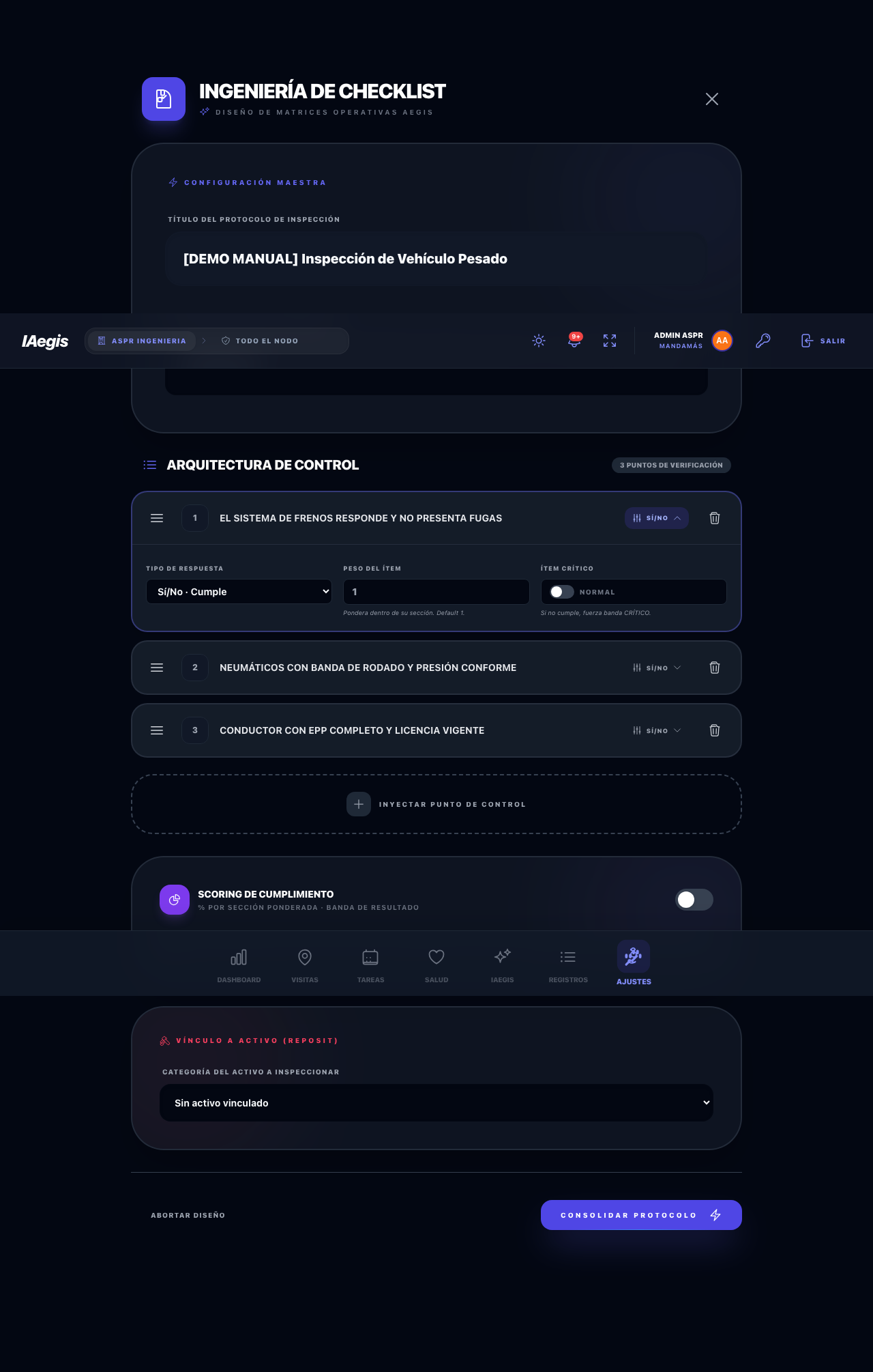 Editor: scoring de cumplimiento por secciones