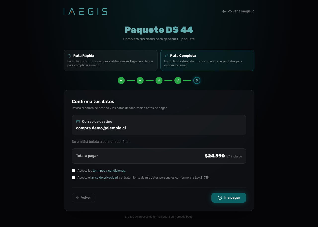 Revisión previa al pago: correo de destino, total y aceptación de términos