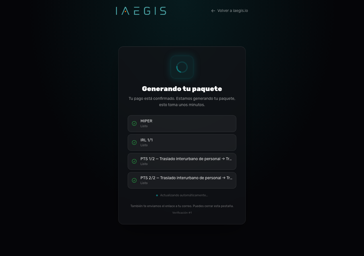 Página de estado con el título Generando tu paquete y la lista de artefactos