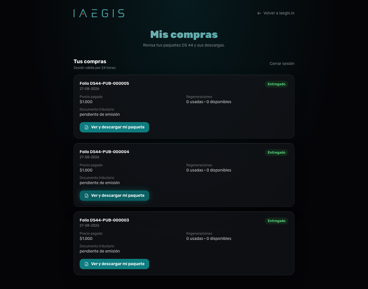 Historial de compras con estado, precio y enlace al paquete