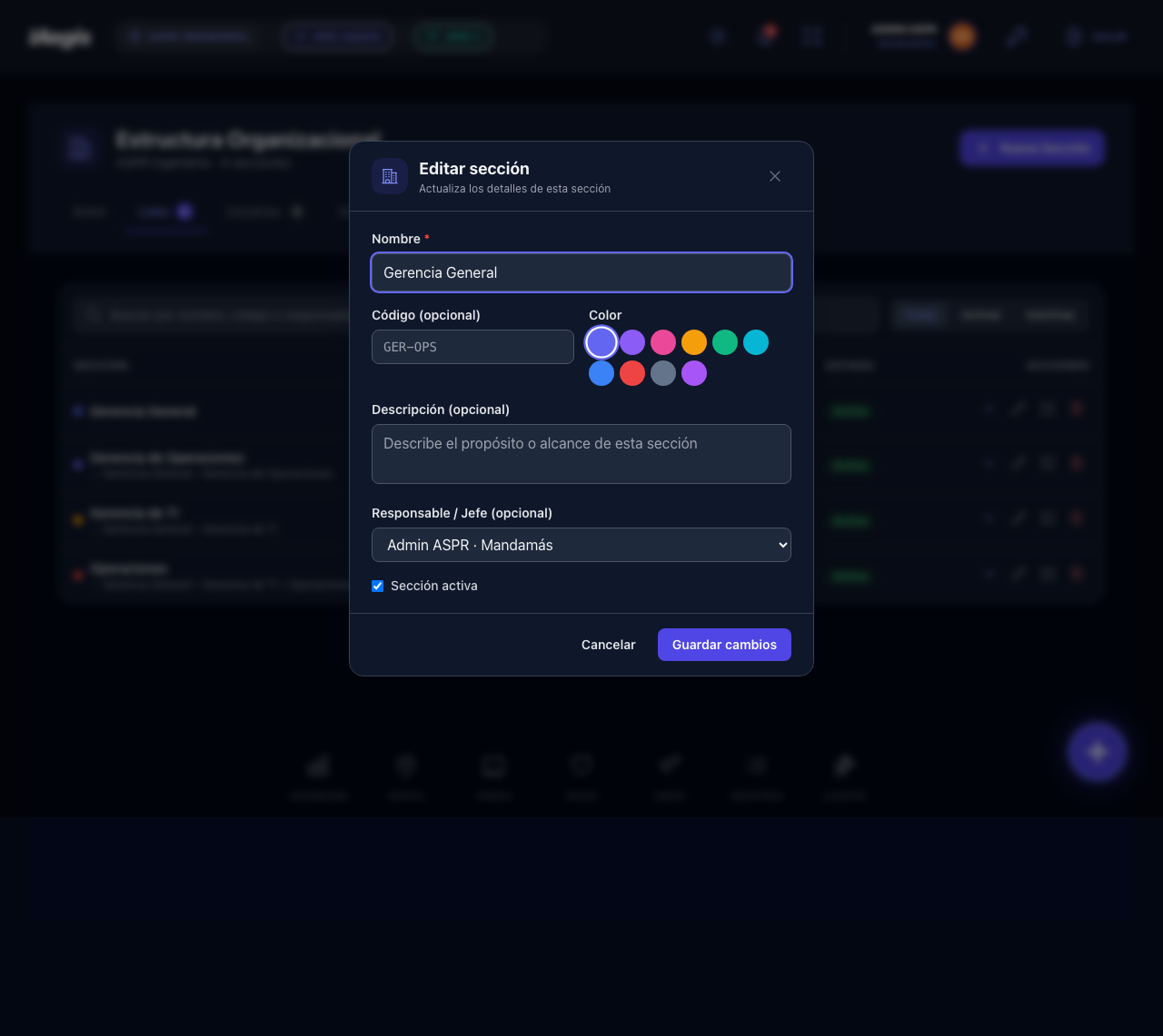 Modal Editar sección