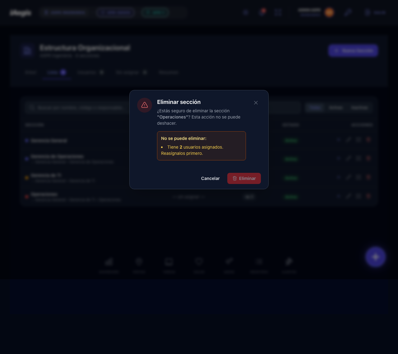 Modal Eliminar sección con bloqueo